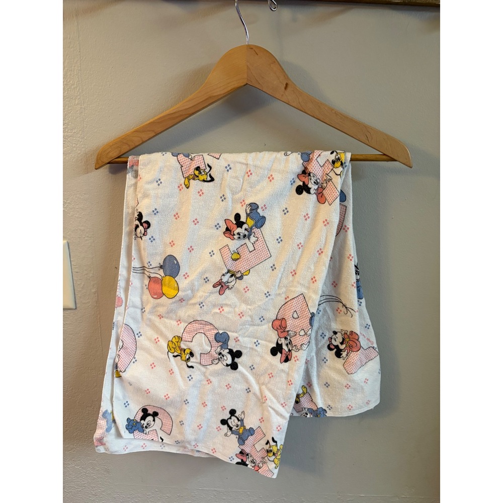 Vintage 1984 Walt Disney Co Baby Blanket Mickey Minnie Alphabet ABC Print White